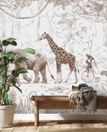 kids jungle animals wall mural in brown