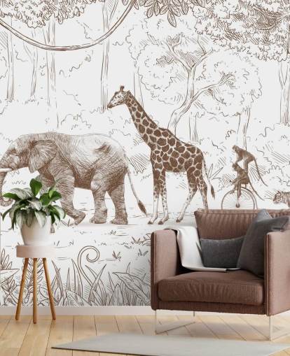 kids jungle animals wall mural in brown