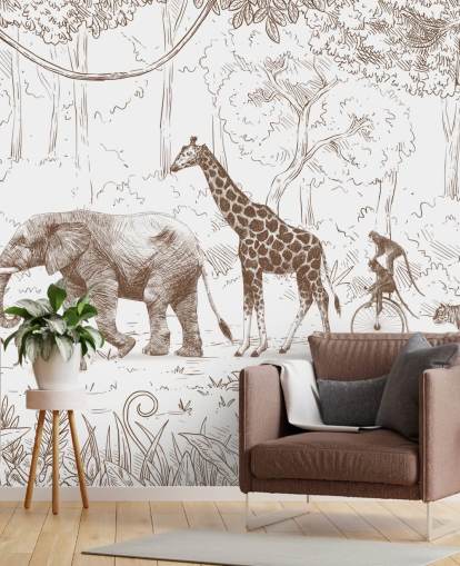 murale con animali della giungla per bambini in marrone murale con animali della giungla per bambini in marrone