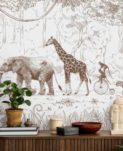 mural de pared de animales de la jungla para niños en marrón