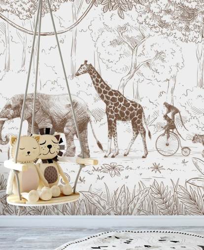 mural de parede para crianças e animais da selva em marrom