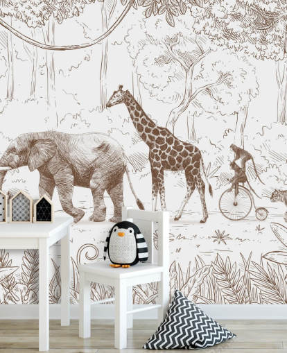 murale con animali della giungla per bambini in marrone