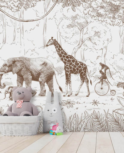 kids jungle animals wall mural in brown