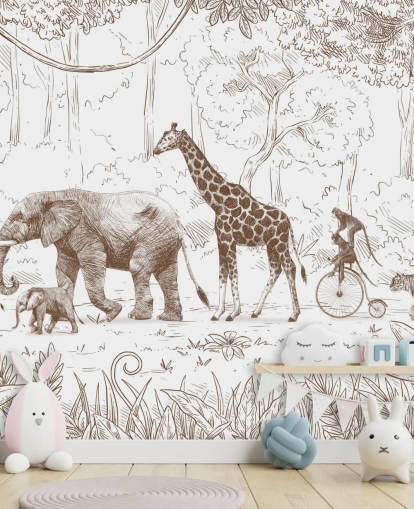 kids jungle animals wall mural in brown
