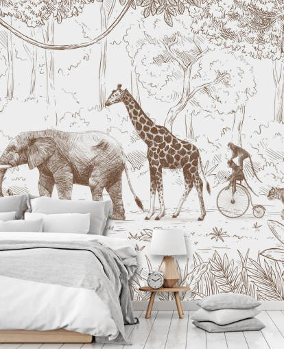 mural de pared de animales de la jungla para niños en marrón