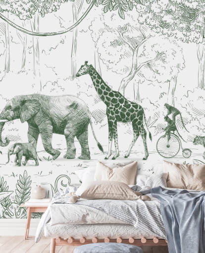 kids jungle animal wall mural in green