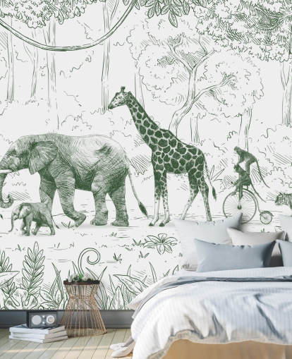 mural de parede de animais da selva para crianças em verde