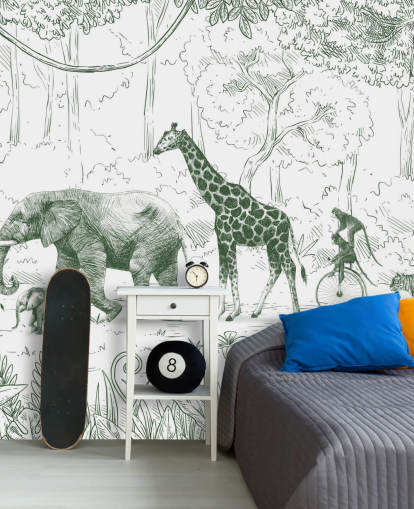 Wandbild mit Dschungeltieren für Kinder in Grün