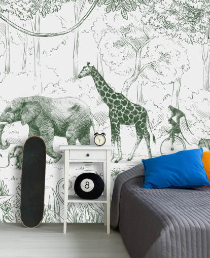 Muurschildering met jungledieren voor kinderen in groen