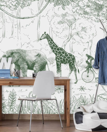 Muurschildering met jungledieren voor kinderen in groen