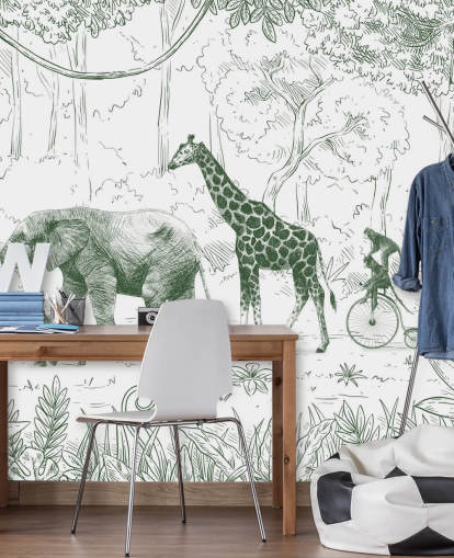 murale verde con animali della giungla per bambini