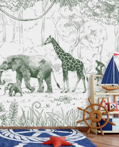 kids jungle animal wall mural in green
