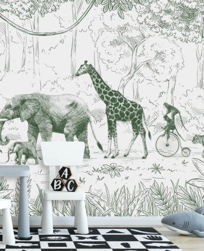 mural de pared de animales de la jungla para niños en verde