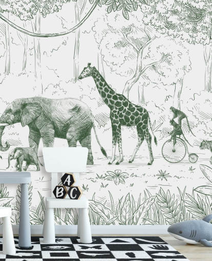 Muurschildering met jungledieren voor kinderen in groen
