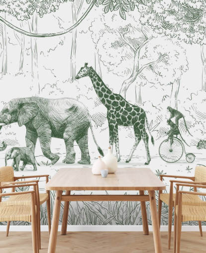 kids jungle animal wall mural in green kids jungle animal wall mural in green