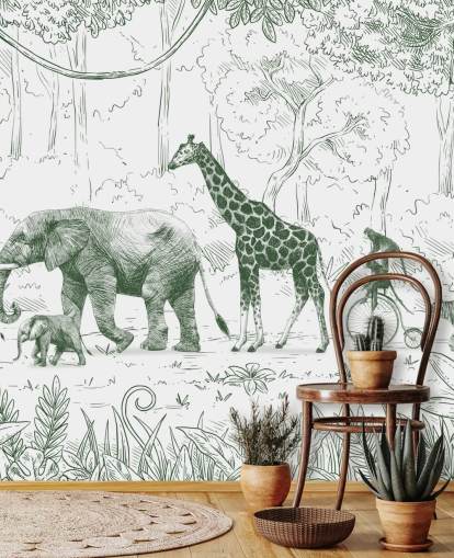 kids jungle animal wall mural in green