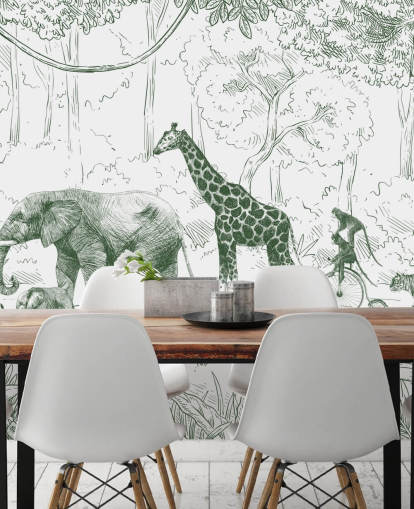 mural de pared de animales de la jungla para niños en verde