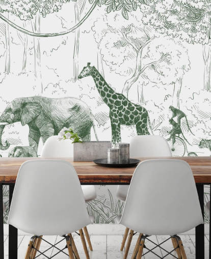 Wandbild mit Dschungeltieren für Kinder in Grün