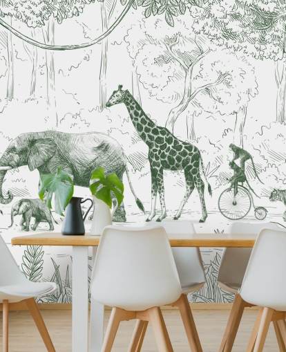 murale verde con animali della giungla per bambini