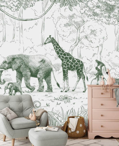 mural de parede de animais da selva para crianças em verde