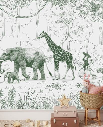 Muurschildering met jungledieren voor kinderen in groen