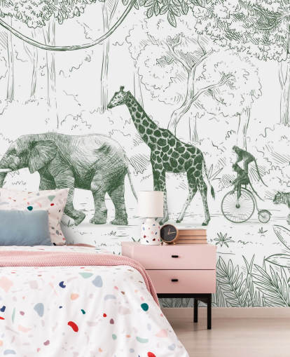 murale verde con animali della giungla per bambini