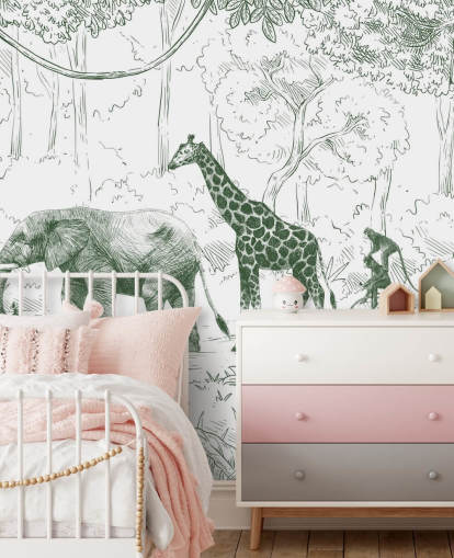 Muurschildering met jungledieren voor kinderen in groen Muurschildering met jungledieren voor kinderen in groen