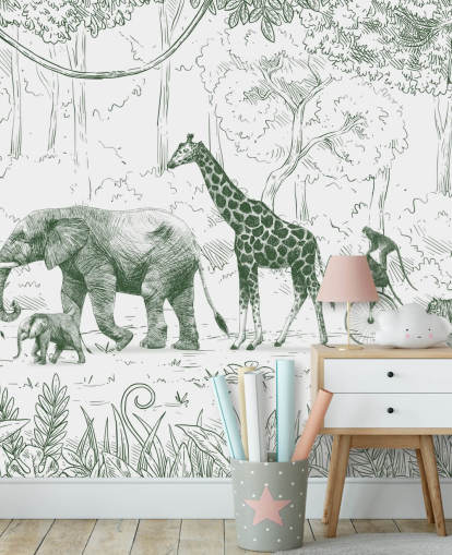 mural de pared de animales de la jungla para niños en verde mural de pared de animales de la jungla para niños en verde