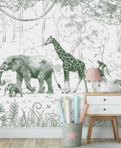 Wandbild mit Dschungeltieren für Kinder in Grün