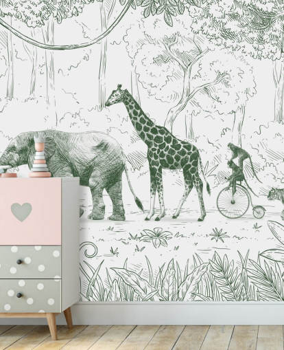 børnejungle dyrevægmaleri i grønt