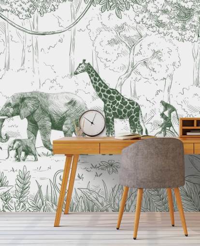 mural de pared de animales de la jungla para niños en verde