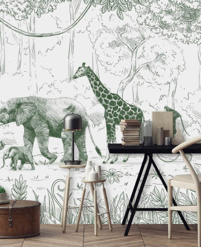 mural de pared de animales de la jungla para niños en verde
