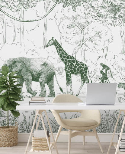 murale verde con animali della giungla per bambini