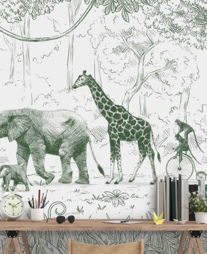 kids jungle animal wall mural in green