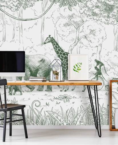 murale verde con animali della giungla per bambini