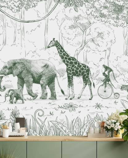 kids jungle animal wall mural in green