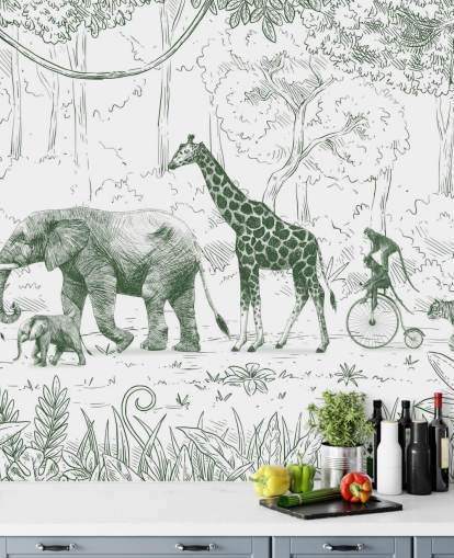 kids jungle animal wall mural in green