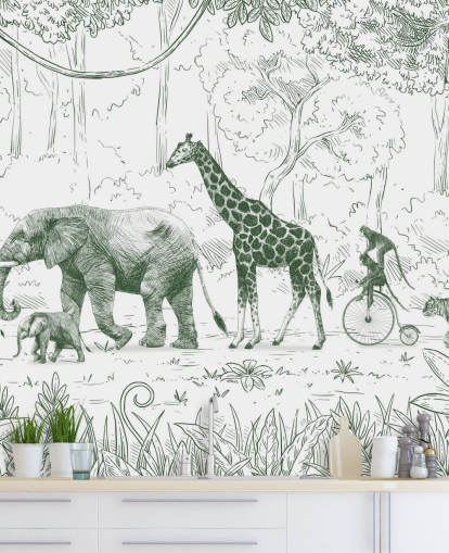 kids jungle animal wall mural in green