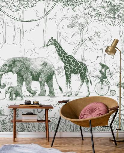 kids jungle animal wall mural in green