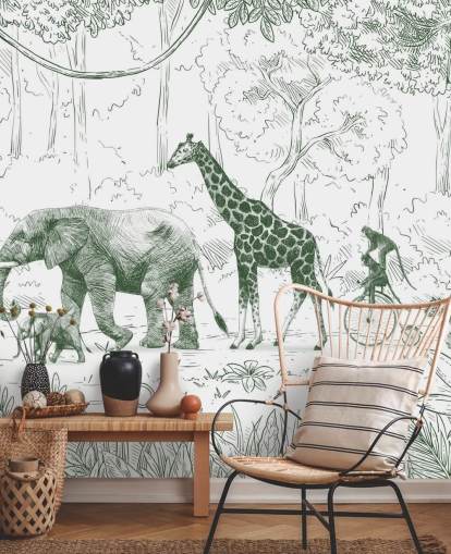 mural de parede de animais da selva para crianças em verde mural de parede de animais da selva para crianças em verde