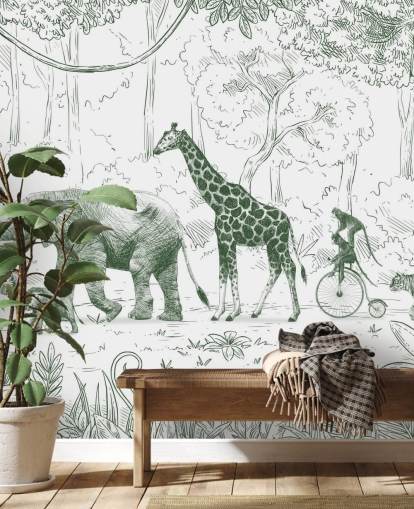 kids jungle animal wall mural in green