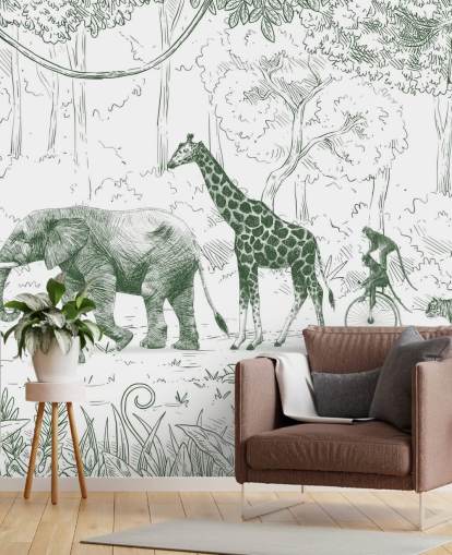 kids jungle animal wall mural in green