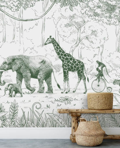 kids jungle animal wall mural in green