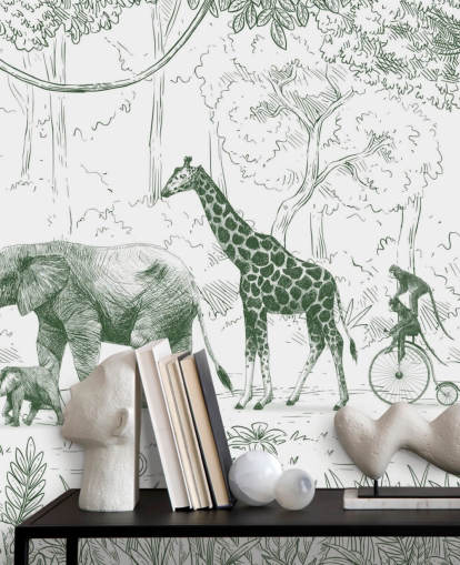 Muurschildering met jungledieren voor kinderen in groen Muurschildering met jungledieren voor kinderen in groen