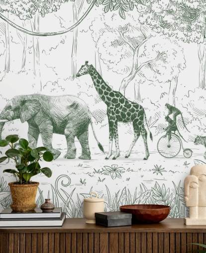 mural de pared de animales de la jungla para niños en verde