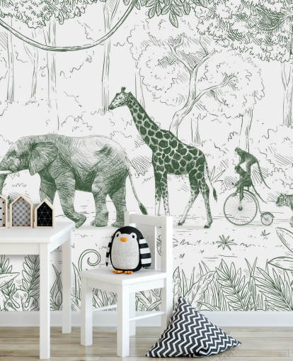 mural de pared de animales de la jungla para niños en verde mural de pared de animales de la jungla para niños en verde