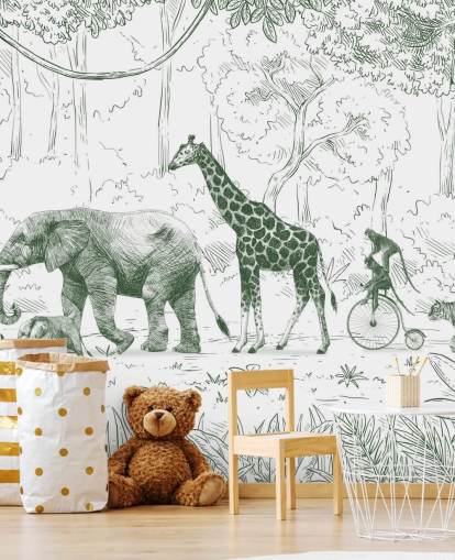 kids jungle animal wall mural in green