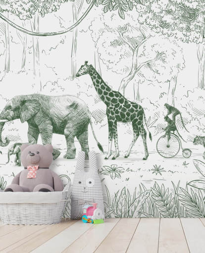 Wandbild mit Dschungeltieren für Kinder in Grün Wandbild mit Dschungeltieren für Kinder in Grün