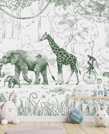 mural de pared de animales de la jungla para niños en verde mural de pared de animales de la jungla para niños en verde