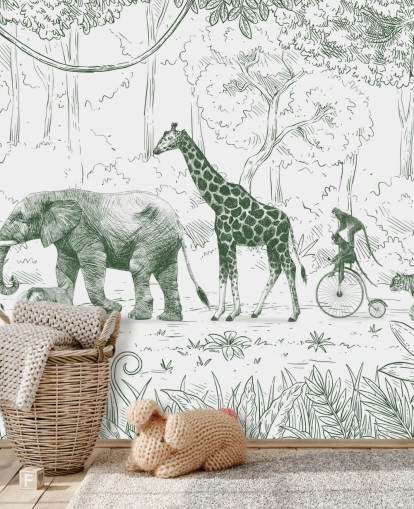 Muurschildering met jungledieren voor kinderen in groen
